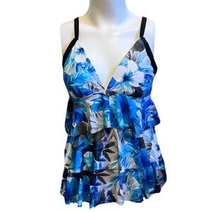 Tropical Escape Ruffle Top Swimsuit Size 10 Floral Print Adjustable Straps